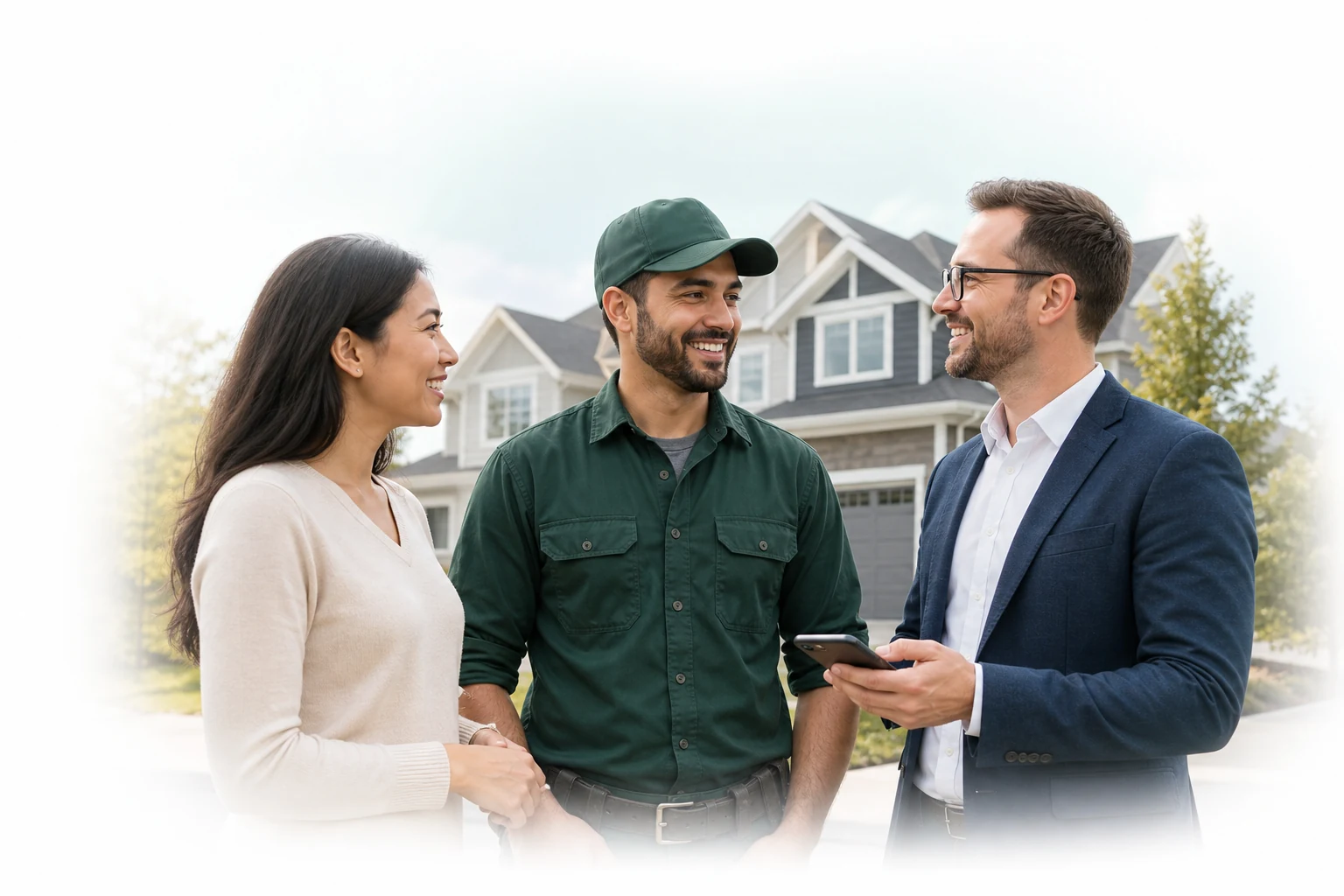 Buyer, supplier and referrer in front of a home